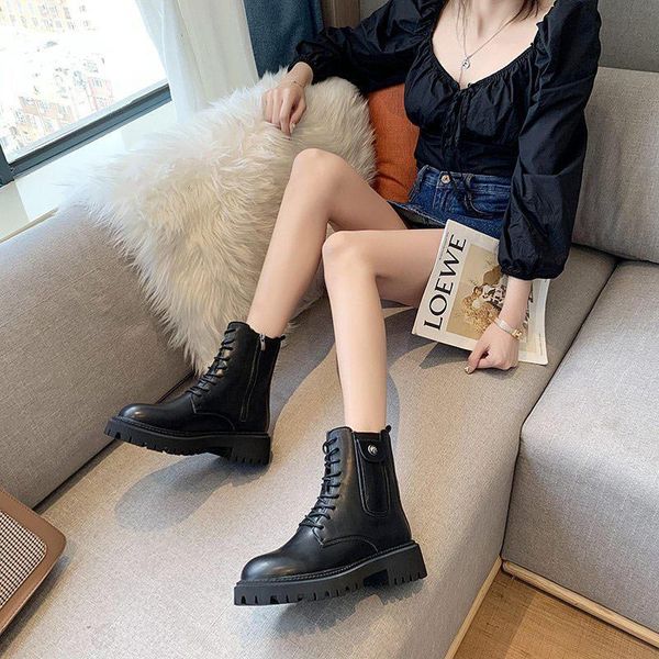 

boots women's ankle pu leather zipper fashion ladies short square heel platform lace up non slip solid color female shoes, Black