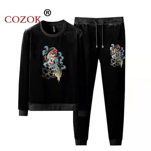 

autumn and winter high-quality sweater men's sets plus velvet thick gold velvet koi embroidery casual fashion sports suit tide, Gray