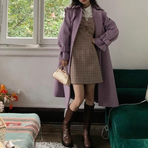 

women purple winter double breasted woolen coats turn down collar cuff korean sweet ins chic girls fashion outwears, Black;brown