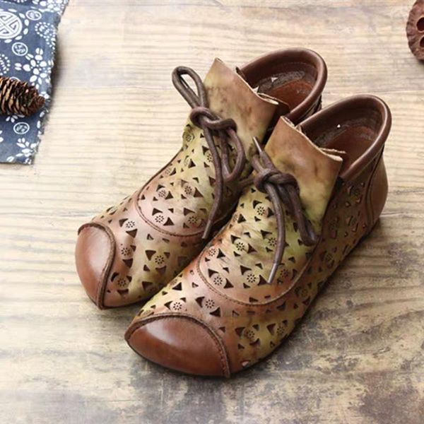 

sandals yourseason shoes ladies summer hollow boots genuine leather flat with handmade women retro lace-up 2021, Black