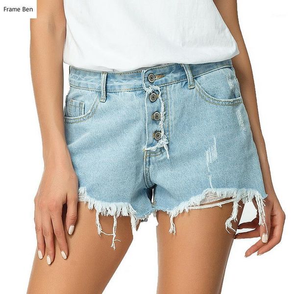 

summer hem denim shorts 2019 women new ripped high waist frayed button wide leg loose shorts jeans plus size1, Blue