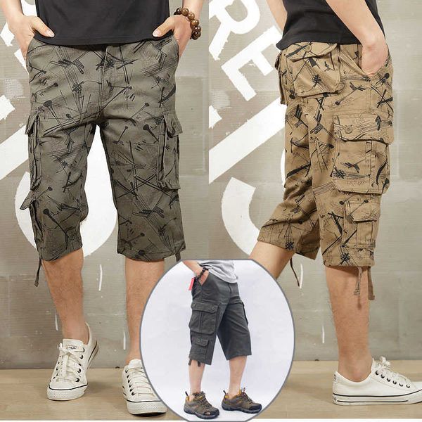 Camuflagem longa comprimento shorts de carga homens verão casual algodão calções quentes baggy multi bolso militar capri calças táticas curtas p0806