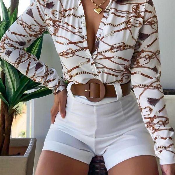 

spring autumn blouse women v neck chic casual long sleeve shirt chain retro pattern print blouse buttoned ladies ol 210225, White