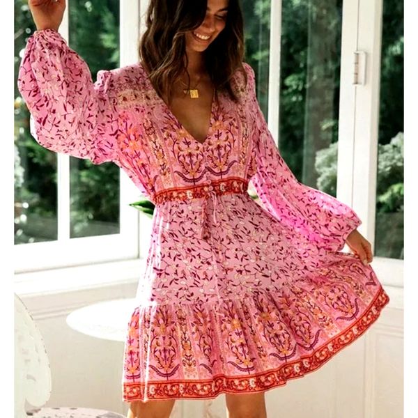 

2021 new long sleeve mini dresses for women vintage pink floral print cotton autumn dress v-neck ruffles vestidos robe nave, White