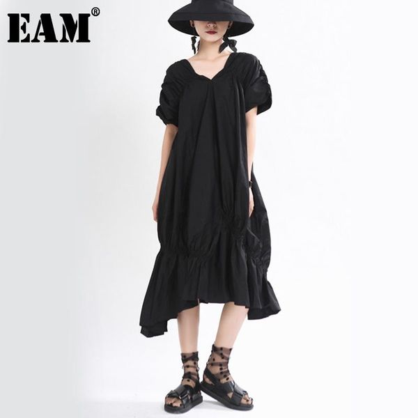 

party dresses [eam] women black pleated asymmetrical temperament dress v-neck short sleeve loose fit fashion tide spring summer 2021 1t973, White;black