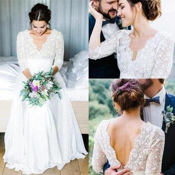 Abiti di campagna con 3/4 a maniche lunghe in pizzo smerlato a V sul collo posteriore lungo il pavimento in chiffon, abito da sposa da sposa abito da sposa 403 estidos estidos