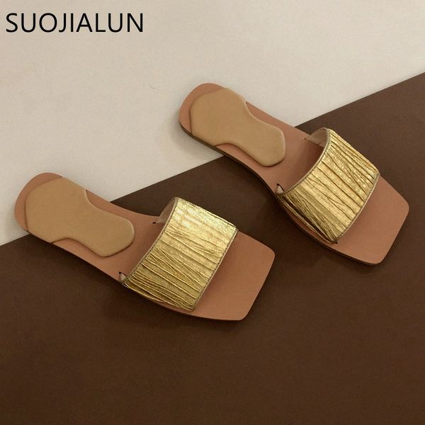 

suojialun 2020 design women slipper fashion golden slides pleated outdoor beach flip flops flat casual open toe sandal y5pv#, Black