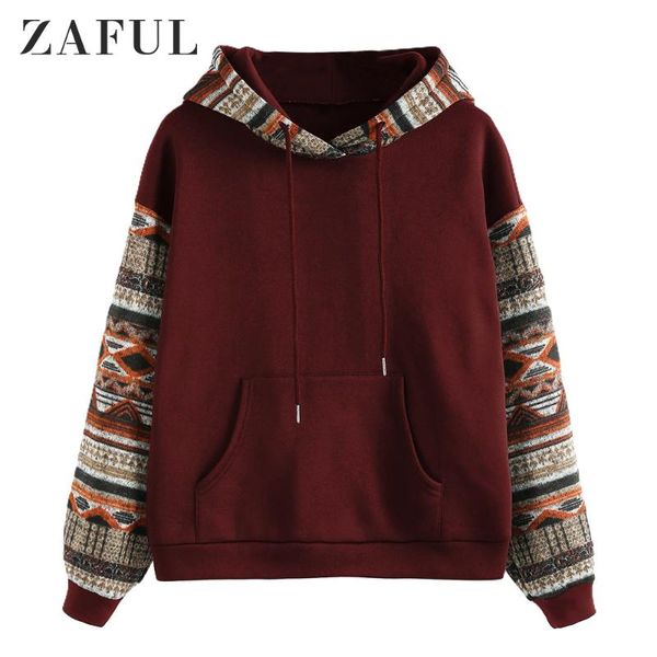 

women's hoodies & sweatshirts zaful ethnic pattern women fashion harajuku autumn winter print pocket hooded sweatshirt streetwear lady, Black