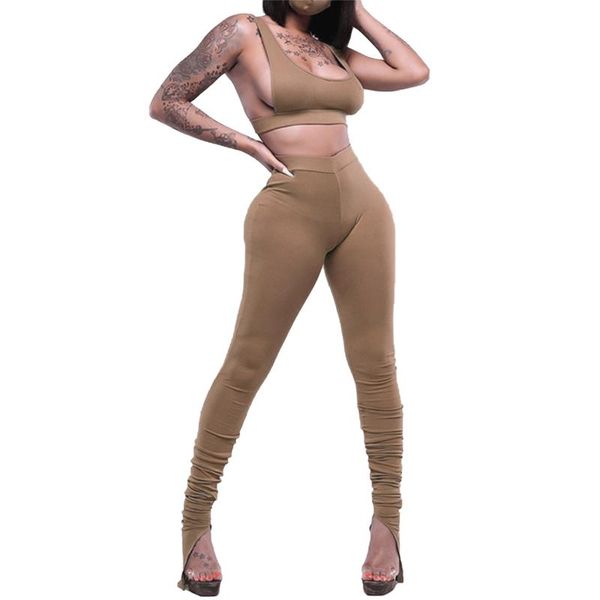 

women's two piece pants set, solid color u-neck buckle vest elastic force slit hem stacking trousers, White