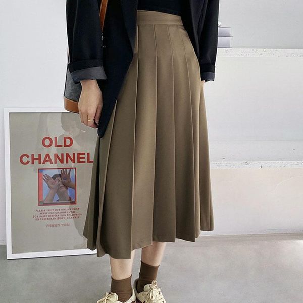 

skirts 2021 summer women pleated skirt high waist fashion girls khaki a line midi streetwear lj3209, Black