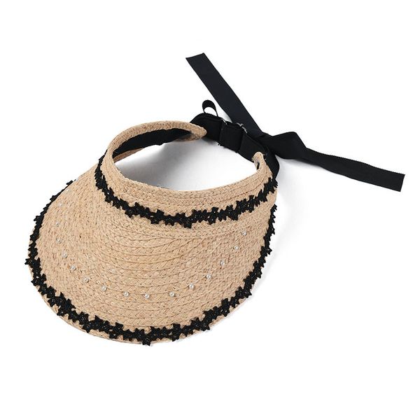 

2021 new women natural straw visor pearl lace raffia sun adjustable bow beach hats awek, Blue;gray
