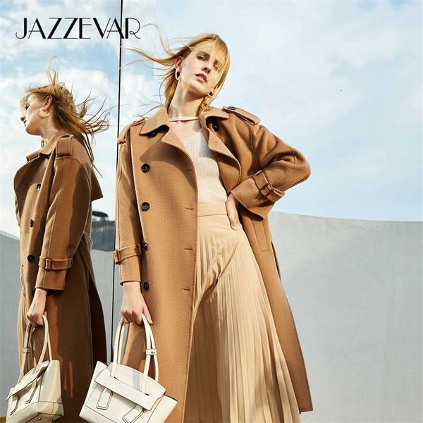 

jazzevar winter coat new fashion women hand-sewn outerwear female double breasted double-faced coats woollen trench coat 201102, Black