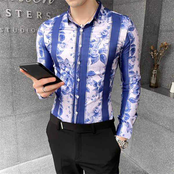 

2021 mode men casual floral autumn new long sleeve striped shirts for men's clothing fine adjustment digital blouse t309, Black;brown