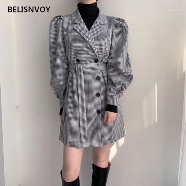 

autumn winter office lady patchwork plaid dress korean chic fashion double breasted sashes puff sleeve women mini dress1, Black;gray