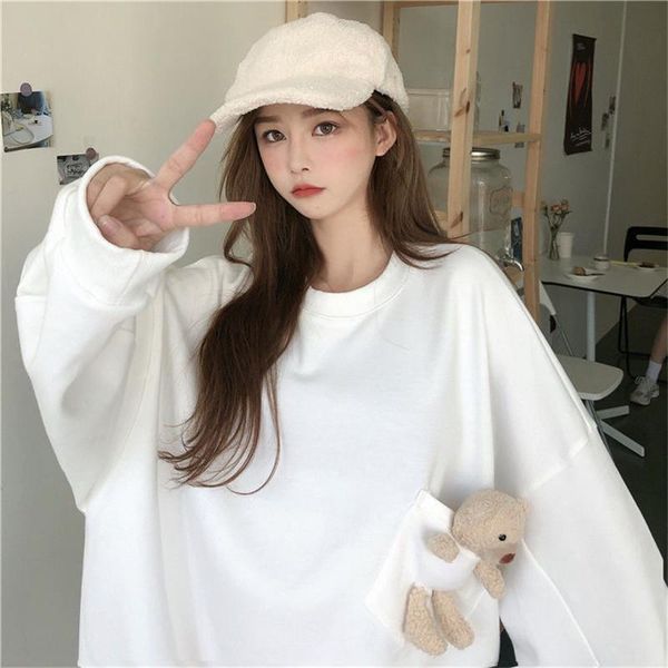 

women's hoodies & sweatshirts solid hoodie women korean lovely cute bear oversized female casual sweatshirt autumn long sleeve streetw, Black