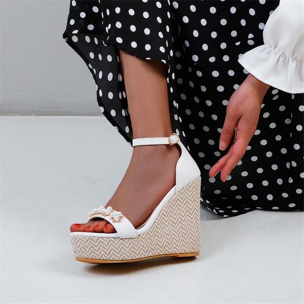 

sandals pxelena string beads beach women wedge super high heels platform ankle strap shoes lady white pink blue large size 34-48, Black