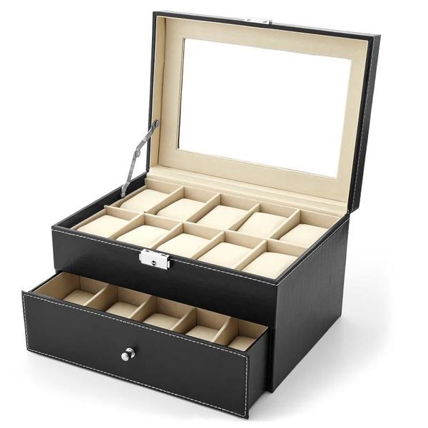

watch boxes & cases 20 slots wooden pu leather box black women men's storage case with window jewelry display, Black;blue