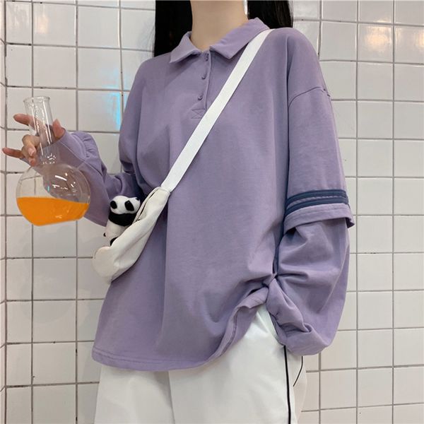 

2021 autumn new polo shirt fake two-piece solid color blouse female loose student simple sweatshirt 07mw, Black