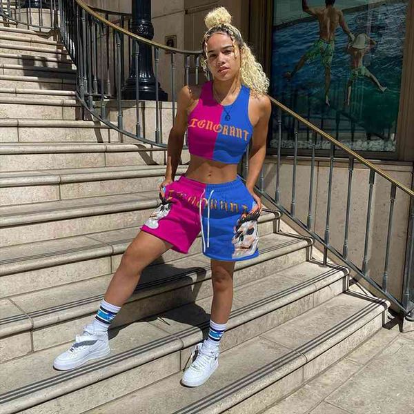 

color block letter skull women tracksuits print sport suit hip hop bandage tank drawstring biker short summer casual athleisure, Gray