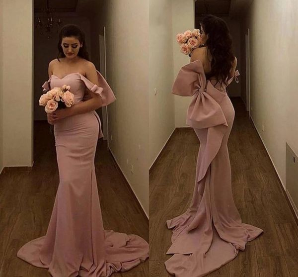 

mermaid satin bridesmaid dresses 2021 pink off shoulder open back wedding guest prom gowns big bowknot arabic formal evening party dress al9, White;pink