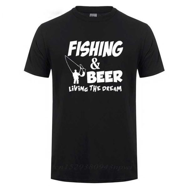 E cerveja vivendo o sonho engraçado aniversário presente para homens marido fishinger pescador algodão de manga curta camiseta t-shirt 210629