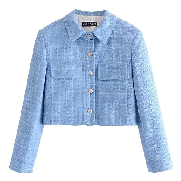 

saimishi spring blue color tweed lady coat single-breasted small fragrant wind women loose jacket office short outwear women's suits &, White;black