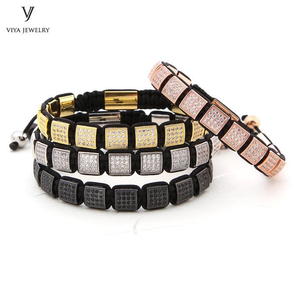 

charm bracelets wholesale 100 pcs stainless steel square pave setting beads braided adjustable bracelet custom luxury men jewelry, Golden;silver