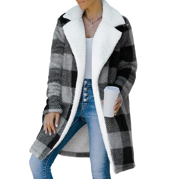 

women's wool & blends elegant women winter plaid print turn-down collar cardigan long sleeve fleece casual loose coats female warm outw, Black