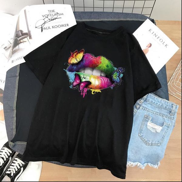 

women black t rainbow lips fashion cute printed tshirt female tee shirt ladies clothes, White