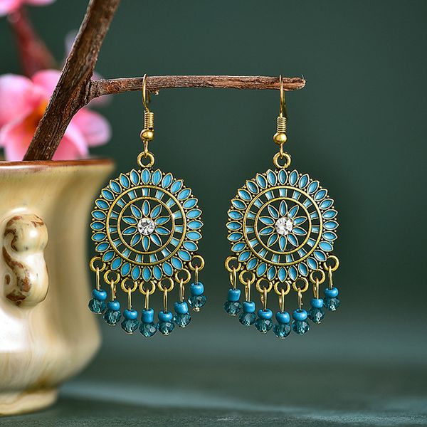 

bohemian beaded tassel drop earrings ethnic summer flower shape alloy for women vintage stone boho ladies earrings, Silver