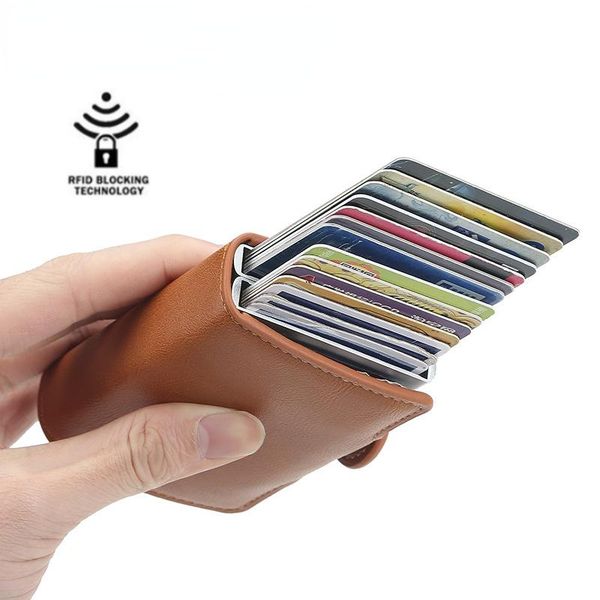 

card holders men's short bag multi position aluminum alloy anti-theft brush rfid clip magnetic buckle ferrule, Brown;gray