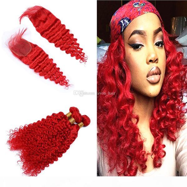 

colored red deep curly hair weaves bundles with closure 4x4 bright red color deep wave hair extensions with closure, Black;brown