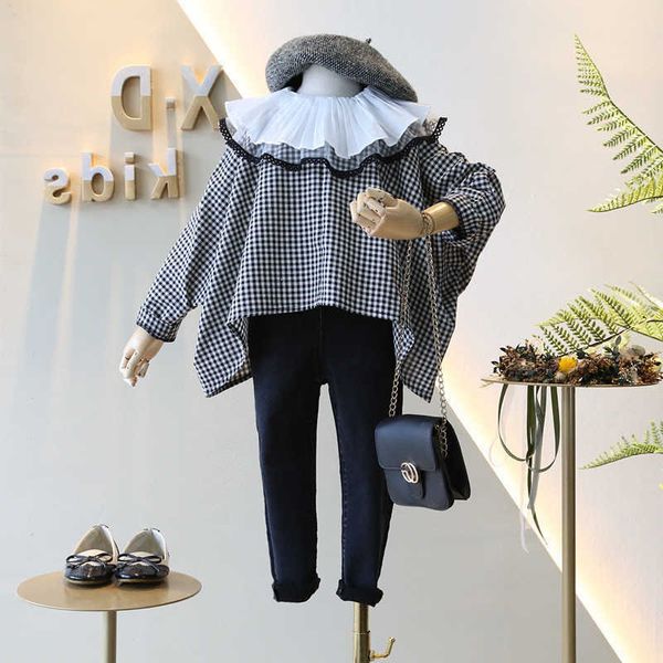 

spring girls long sleeve blouse kids plaid ruffled collar blouses 210528, White;black