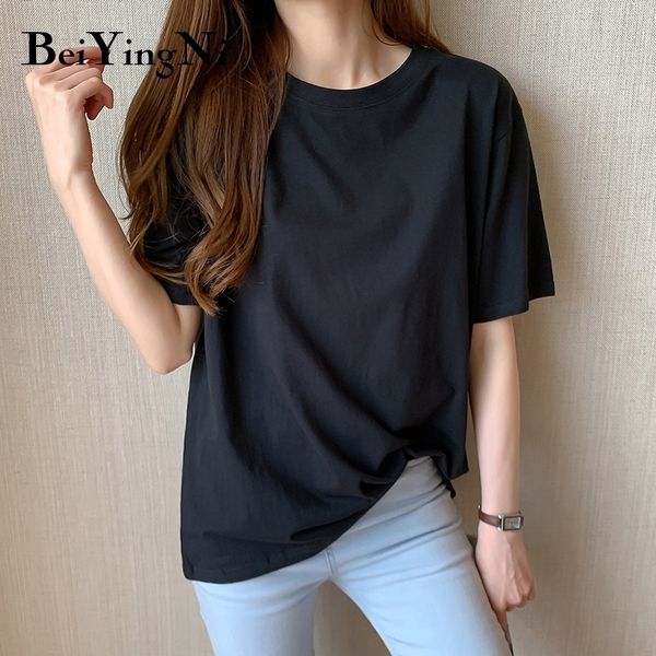 

beiyingni women plus size casual t shirt cotton loose korean hipster harajuku tshirt female -4xl basic vintage shirts lady 210306, White