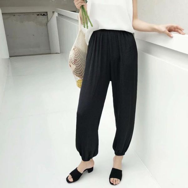 

women's pants & capris 2021 summer elastic waist leisure silky slacks comfortable sweatpants homewear high cool harem pantalon for wome, Black;white