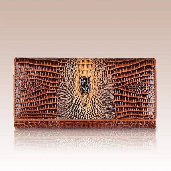 

genuine leather womens long wallets fashion crocodile pattern high end zipper buckle ladies clutch bag, Red;black