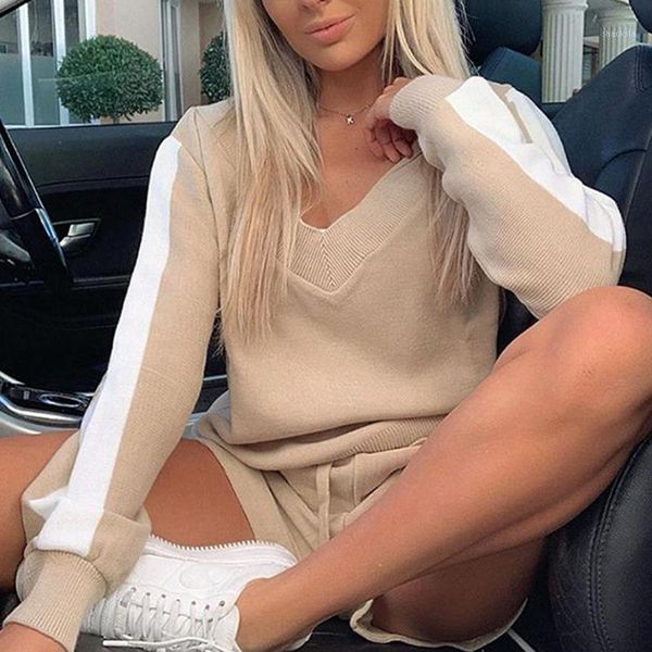 

summer autumn shorts two piece set women clothing long sleeve patchwork tshirt suit korean casual tracksuit sj6586x, Gray