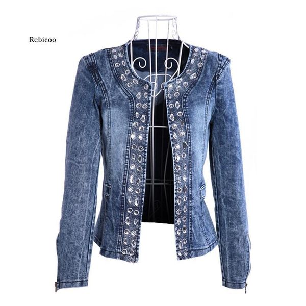

women's jackets spring antumn denim vintage diamonds casual coat jacket for outerwear jeans, Black;brown