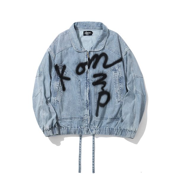 

2021 new high street drawstring elastic bottom jeans jacket men and women graffiti oversize casual denim coat hip hop loose clothing b0ly, Black;brown