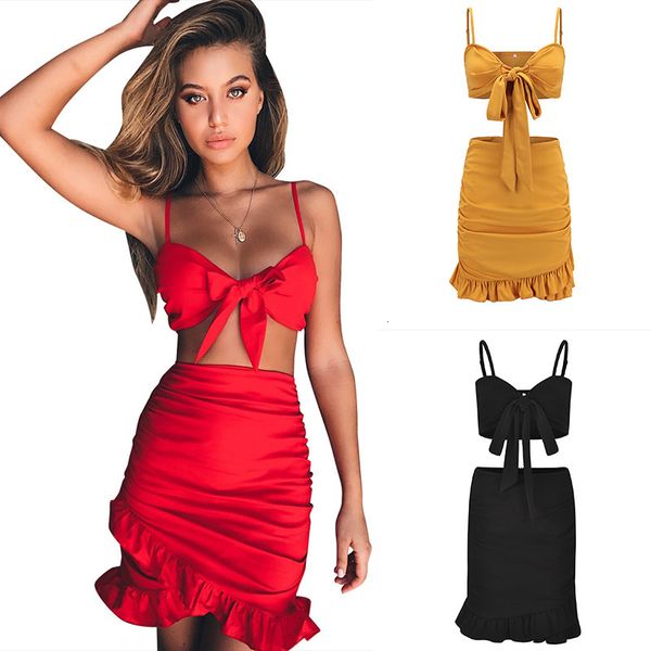 

two pieces set women ruffles bow casual beach summer dress red off shoulder club bodycon mini dress, White
