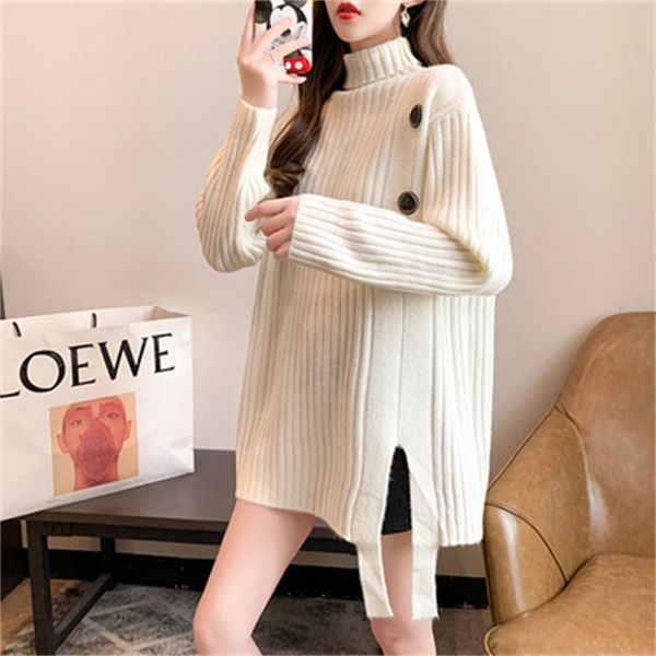 

women's sweaters ladies turtleneck fall winter thicken loose outer wear mid-length hem split knitted base shirt h1081, White;black