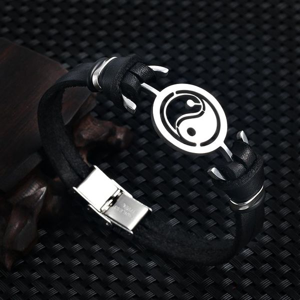

charm bracelets 2021 fashion jewelry stainless steel tai chi yin yang fish leather bracelet double cuff men's pulsera hombre, Golden;silver