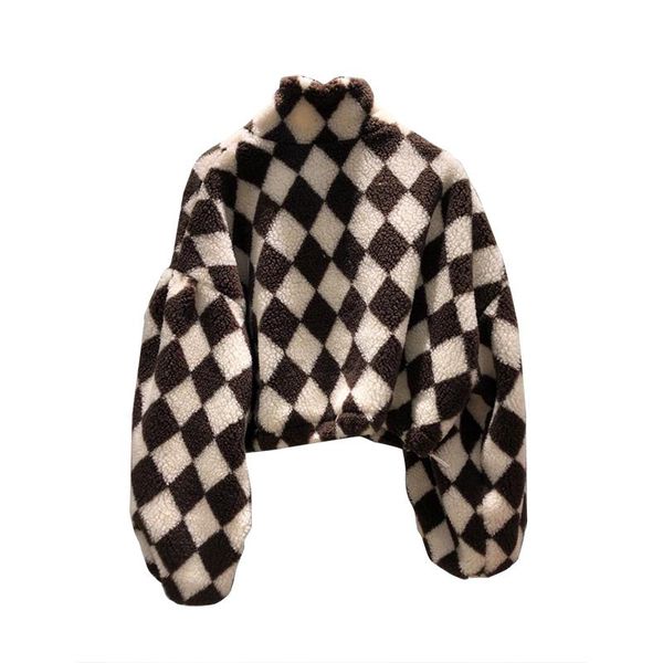 

south korea dongdaemun winter new fashion color contrast rhombus stand collar short zipper lamb plush coat women, Black;brown