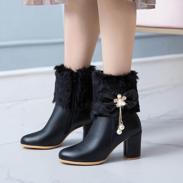 

boots oversized high-heeled shoes, woman's rough-heeled, furry-coated and warm fur, Black