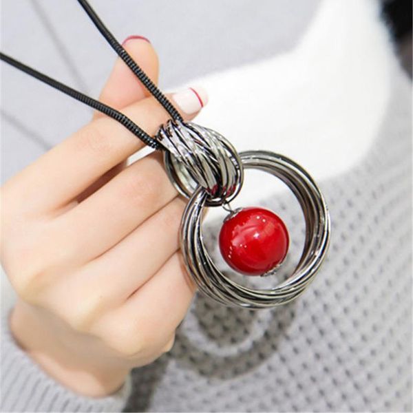 

pendant necklaces red white simulated pearl ball circles women black long chain maxi necklace fashion jewelry wholesale gifts, Silver