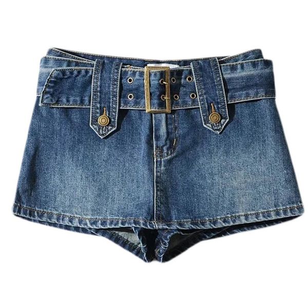 

women's shorts women vintage washed blue jeans package hip micro mini skirt with sashes belt mid waist button bodycon denim streetwear, White;black