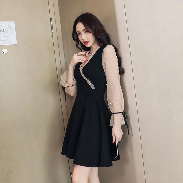 

casual dresses spring autumn temperament women's clothing mesh patchwork short v-neck beading woman party dress fashion, Black;gray