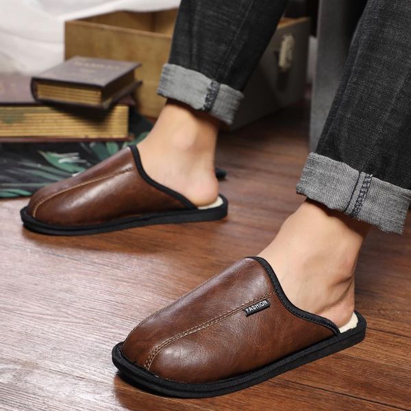 

slippers home men couple indoor ladies furry waterproof women fluffy casual leather winter cotton slip on shoes slides, Black