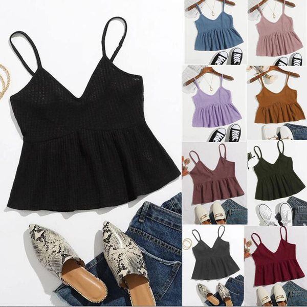 

#48 womens cute ruffles camisole crop tank sleeveless v-neck shirt summer tees women singlet haut femme sexy, Black;white