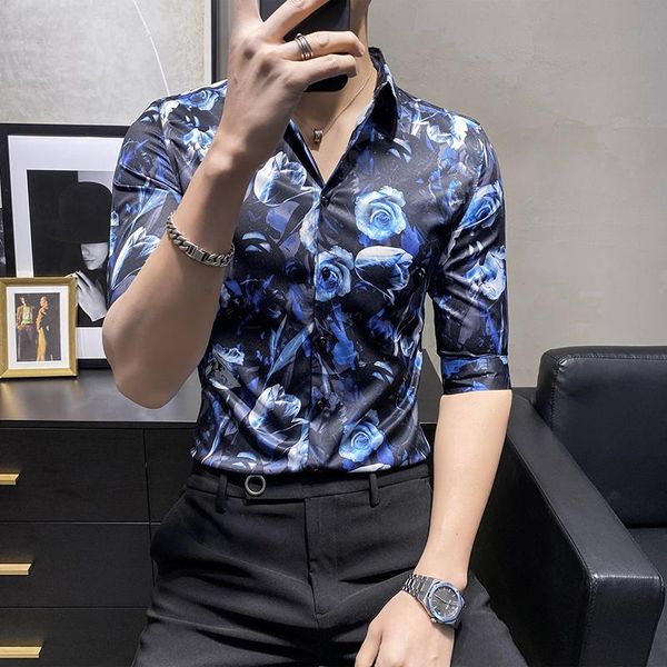 

blue flower shirts for men summer beach holiday casual shirt short sleeve slim fit casual shirt streetwear hair stylist clothing, White;black